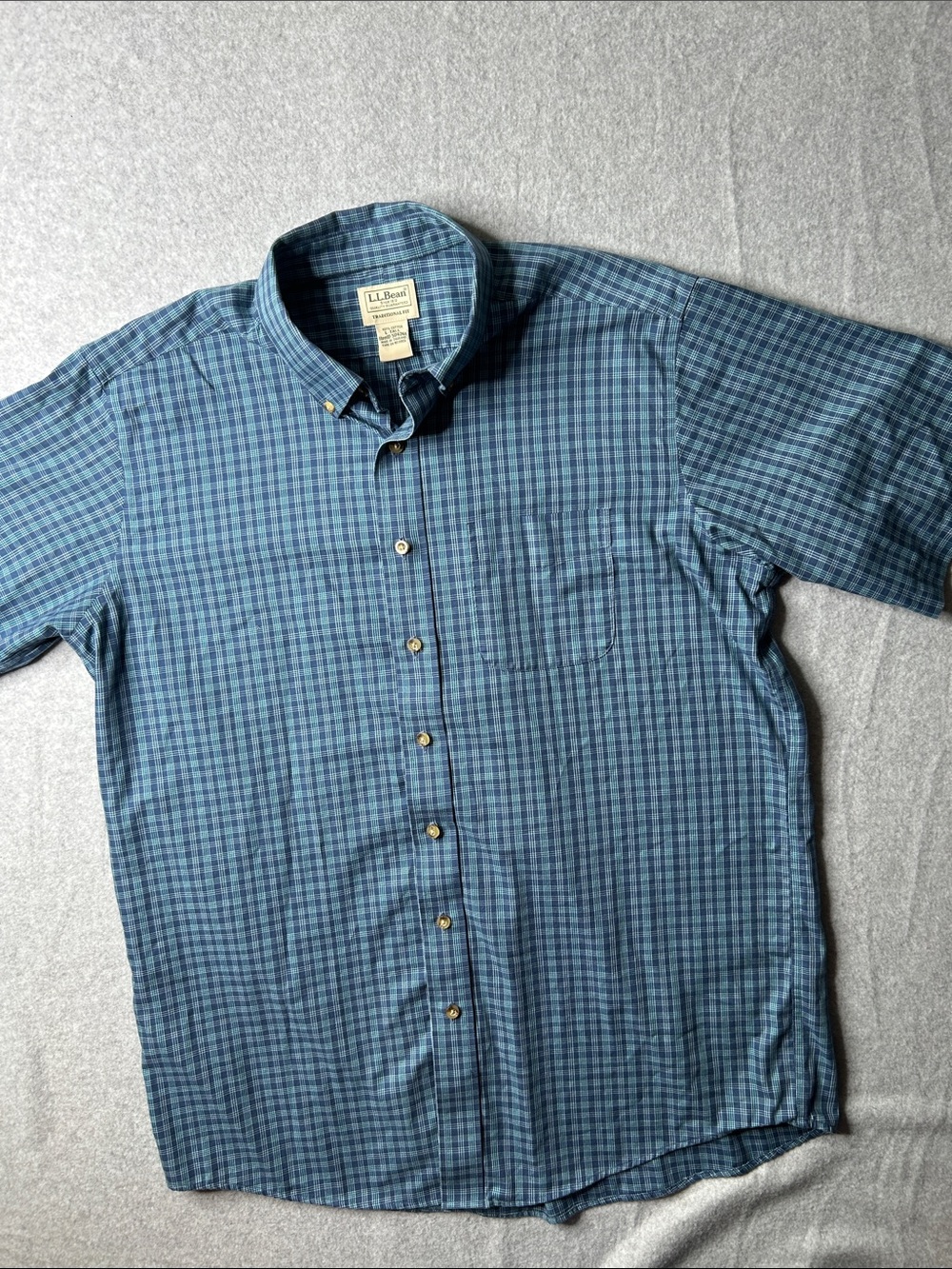 L.L. Bean Men's Teal and‎ Navy Checked Button-Down Shirt